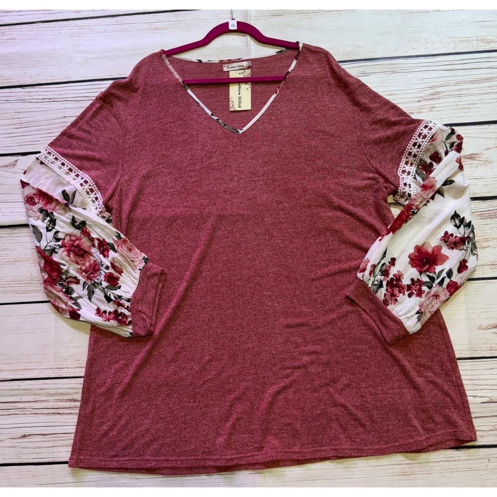 Southern Stitch Women Burgundy Floral Lace Mixed Media V-Neck Top XXL NWT
